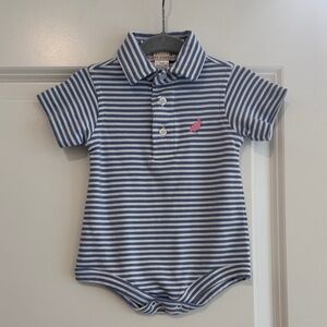 The Beaufort Bonnet Company Blue and White Striped Polo Onesie with Pink Logo